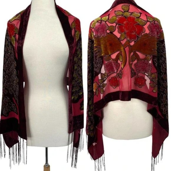 Velvet Burnout Floral Peacock Sheer Scarf Wrap Maroon Red Green - Picture 1 of 5